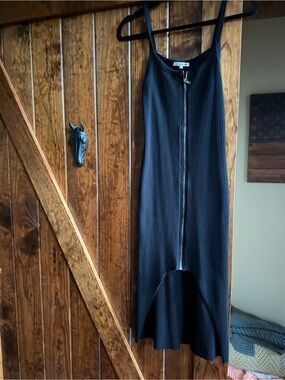 Cotton Citizen Black Ribbed Zip-Front High-Low Slip Dress